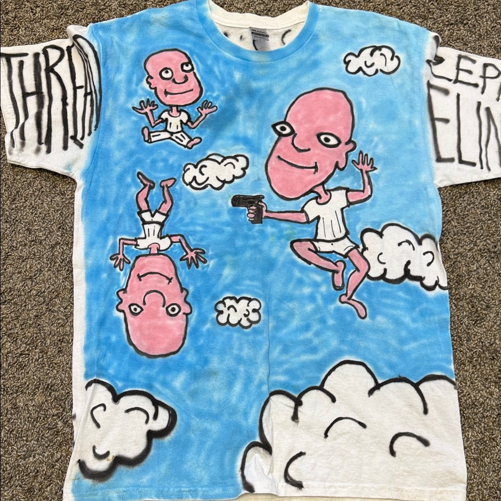 Tribute Tee Led Zeppelin with Pink Cartoon Characters and White Clouds